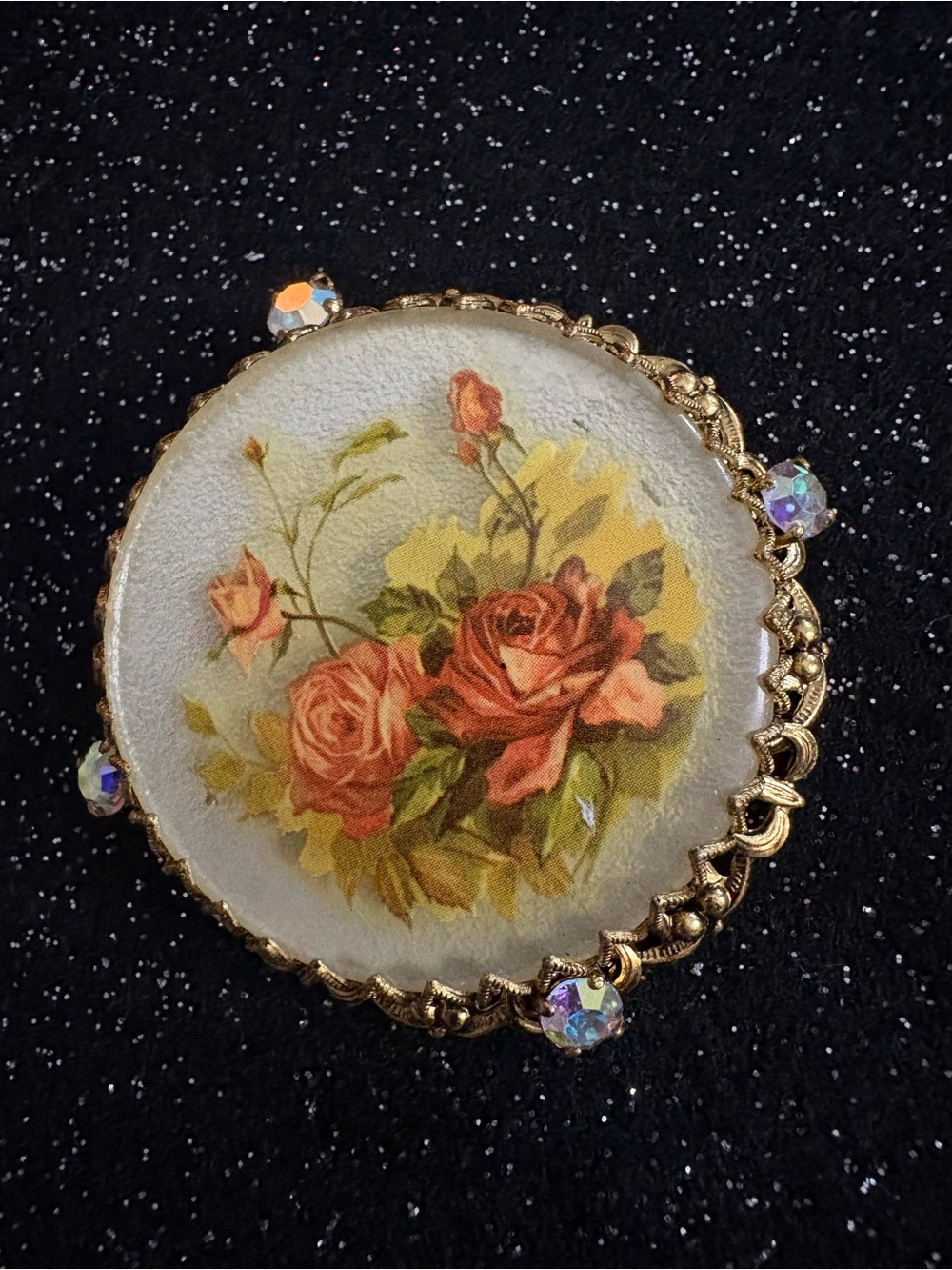 Vintage Floral Glass Cabochon Brooch with Gold Frame and Rhinestones